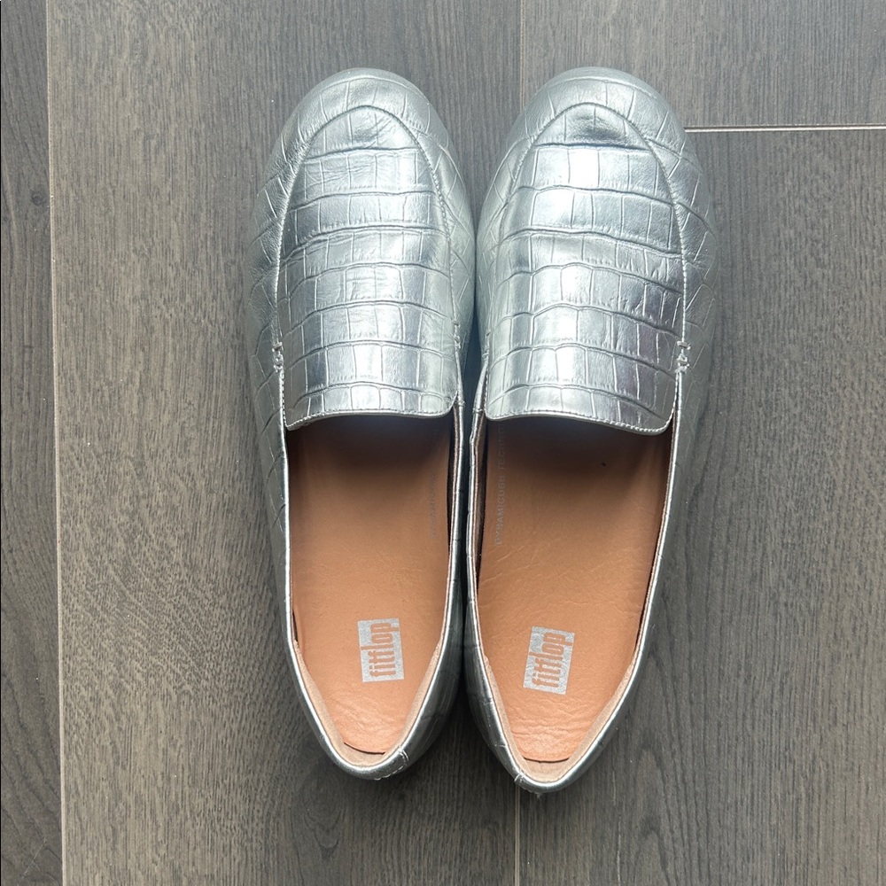 Fitflop Lena Croc-Embossed Silver Metallic Leather Loafer Flat Size 8 Comfort - Picture 2 of 16
